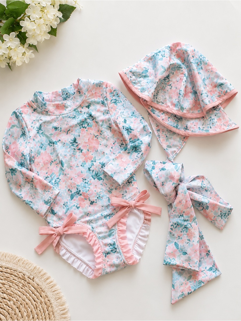 Vintage Smocked Rash Guard Swimsuit Ruffle Butt with Matching Bonnet SPF 18 Mo